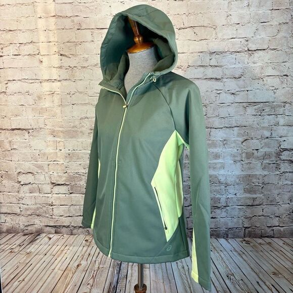 Asics Softshell Green Jacket Hood Full Zip Color Block Rain Water Resistant Med - Picture 3 of 9